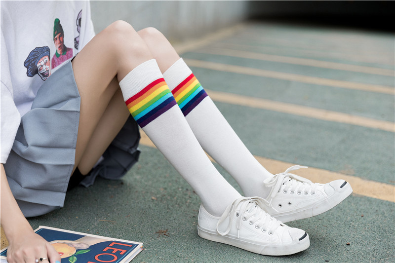 Calf Socks Knee-high Socks Female Rainbow Color Black Cotton Stockings Student Socks Small Series Tall White Sox